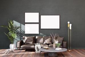 Stylish interior design of living room with mock up poster frame photo