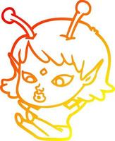 warm gradient line drawing pretty cartoon alien girl sitting vector