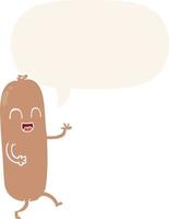 cartoon dancing sausage and speech bubble in retro style vector