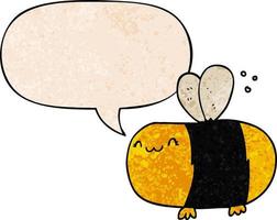 cute cartoon bee and speech bubble in retro texture style vector