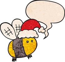 cute cartoon bee wearing christmas hat and speech bubble in retro texture style vector