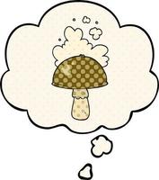 cartoon mushroom with spore cloud and thought bubble in comic book style vector
