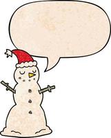 cartoon christmas snowman and speech bubble in retro texture style vector