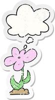 cartoon flower and thought bubble as a distressed worn sticker vector