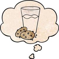 cartoon cookies and milk and thought bubble in grunge texture pattern style vector