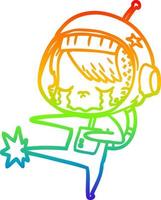 rainbow gradient line drawing cartoon crying astronaut girl kicking vector