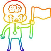 rainbow gradient line drawing cartoon crying big brain alien waving a flag vector