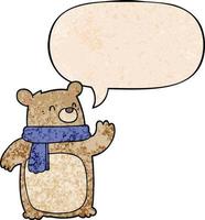 cartoon bear wearing scarf and speech bubble in retro texture style