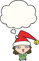 cartoon girl wearing christmas hat and thought bubble vector