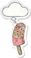 cute cartoon happy ice lolly and thought bubble as a distressed worn sticker vector