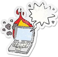 cartoon broken laptop computer and speech bubble distressed sticker vector