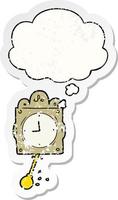 cartoon ticking clock and thought bubble as a distressed worn sticker vector