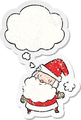 cartoon santa claus and thought bubble as a distressed worn sticker