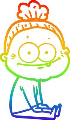 rainbow gradient line drawing cartoon happy old woman