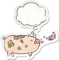 cartoon oinking pig and thought bubble as a distressed worn sticker vector