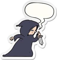 cartoon assassin in dark robe and speech bubble sticker vector