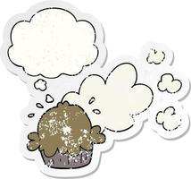 cute cartoon pie and thought bubble as a distressed worn sticker vector