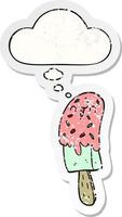 cartoon ice lolly and thought bubble as a distressed worn sticker vector