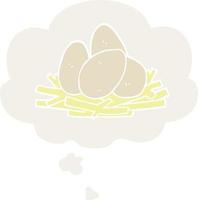 cartoon eggs in nest and thought bubble in retro style vector