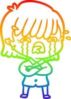 rainbow gradient line drawing cartoon girl crying vector