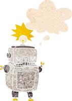 cartoon robot and thought bubble in retro textured style vector