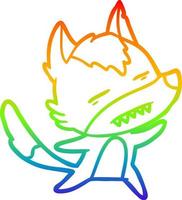 dibujo de la línea de gradiente del arco iris lobo de dibujos animados que muestra los dientes mientras baila vector
