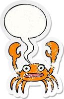 cartoon crab and speech bubble distressed sticker vector