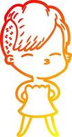 warm gradient line drawing cartoon squinting girl in dress vector