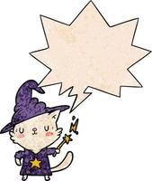 magical amazing cartoon cat wizard and speech bubble in retro texture style vector