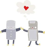 robots de dibujos animados enamorados y burbujas de pensamiento al estilo retro vector