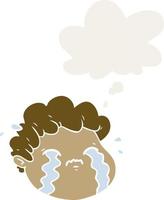 cartoon crying boy and thought bubble in retro style vector