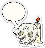 cartoon spooky skull and candle and speech bubble sticker vector