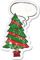 cartoon christmas tree and speech bubble distressed sticker vector