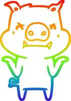 rainbow gradient line drawing angry cartoon pig shrugging shoulders vector