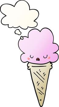 cartoon ice cream with face and thought bubble in smooth gradient style vector