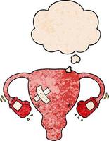 cartoon beat up uterus with boxing gloves and thought bubble in grunge texture pattern style vector