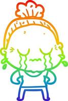 rainbow gradient line drawing cartoon crying old lady vector