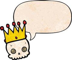 cartoon skull and crown and speech bubble in retro texture style vector