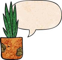 cartoon house plant and speech bubble in retro texture style vector