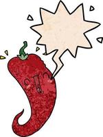 cartoon chili pepper and speech bubble in retro texture style vector