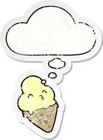 cartoon ice cream and thought bubble as a distressed worn sticker vector