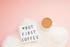 But first coffee text on lightbox with Coffee Cup photo