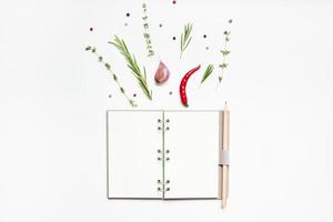 Blank notepad pages with greens herbs and spices photo