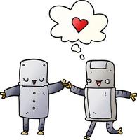 cartoon robots in love and thought bubble in smooth gradient style vector