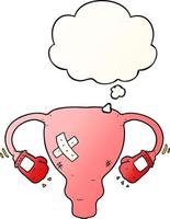 cartoon beat up uterus with boxing gloves and thought bubble in smooth gradient style