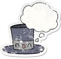 cartoon top hat and thought bubble as a distressed worn sticker vector