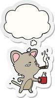 cartoon cat with coffee and cigar and thought bubble as a printed sticker vector