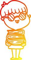 warm gradient line drawing cartoon nerd boy with spectacles and book vector