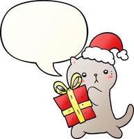 cute cartoon cat carrying christmas present and speech bubble in smooth gradient style vector