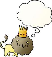 cartoon lion with crown and thought bubble in smooth gradient style vector